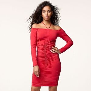 Small Women's Red Ruched Of The Shoulder Dress.